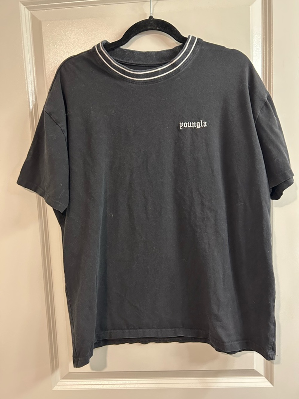 YoungLA Black Short Sleeve Crewneck with White Logo Trim